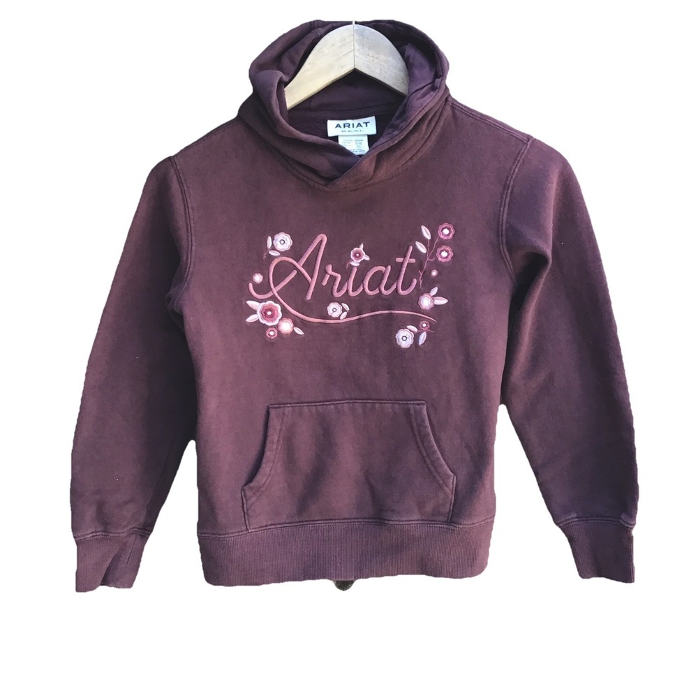 Ariat Real Youth Girls Hoodie Maroon Floral Logo Pullover Sweatshirt Medium 10